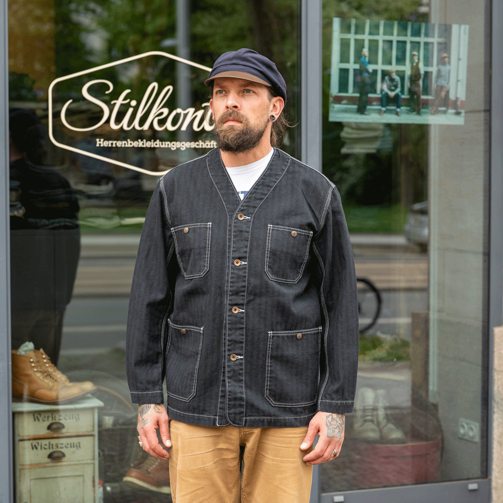 10.5oz Herringbone Collarless Chore Jacket IHJ-158 Schwarz