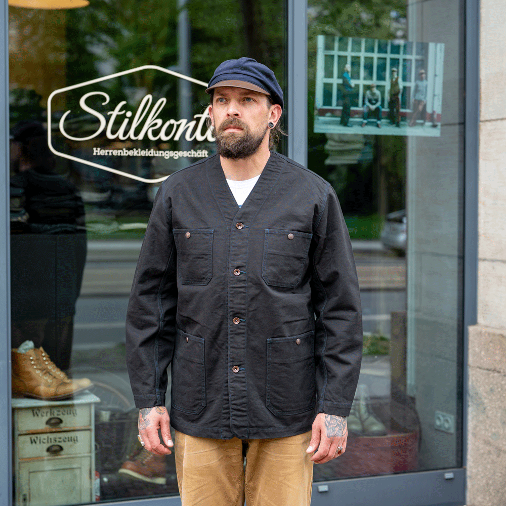 13.5oz Duck Collarless Chore Jacket IHJ-159 Schwarz