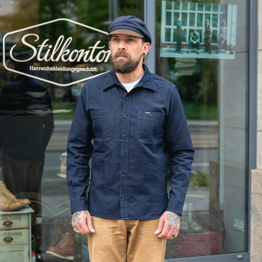 7oz Cotton Linen Chambray Work Shirt Indigoblau IHSH-443-IND