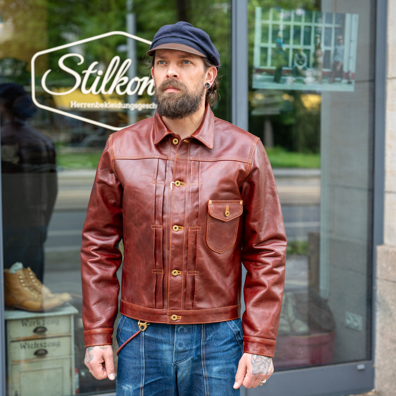 Western Cowboy Horsehide Leather Jacket Burgundy