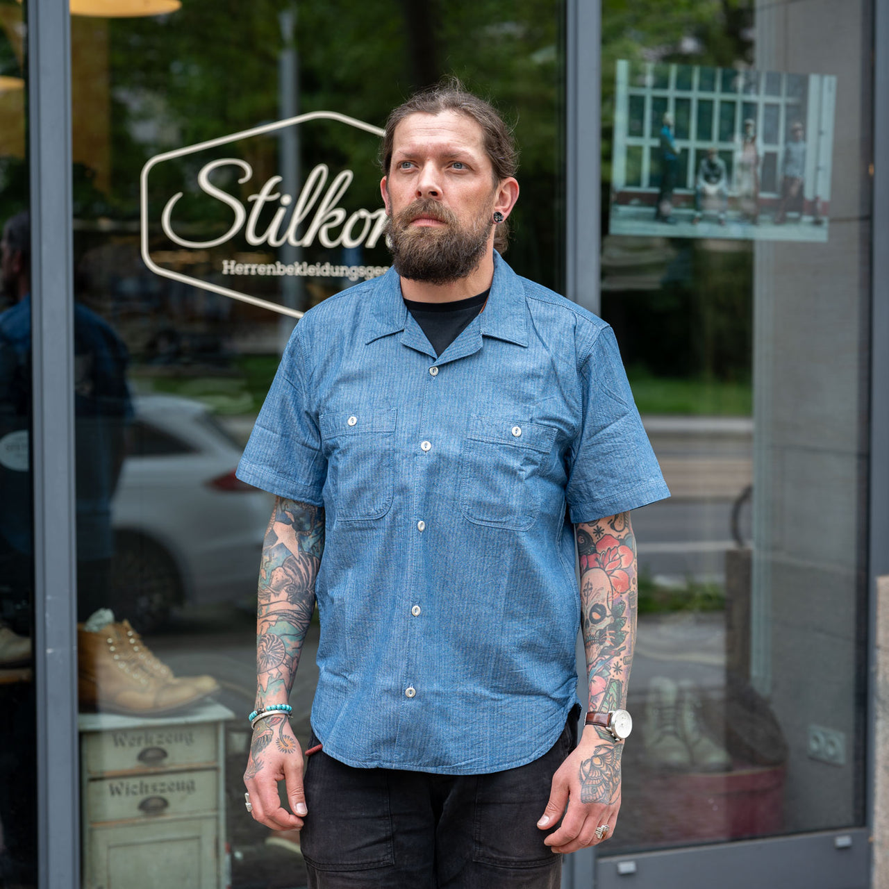 Dayton Short Sleeve Shirt Herringbone Blue