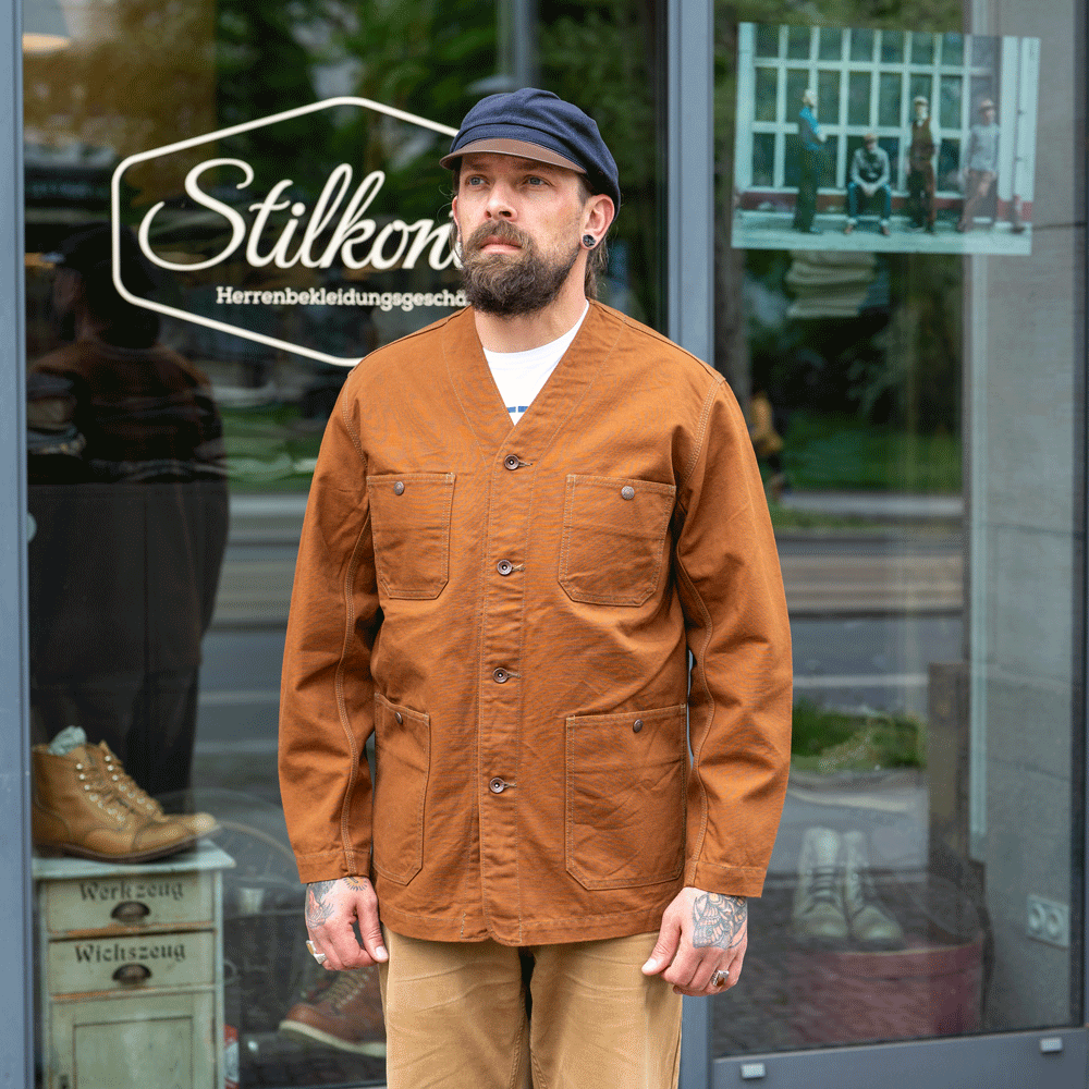 13.5oz Duck Collarless Chore Jacket IHJ-159 Braun