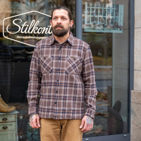 Slubby Heavy Flannel Check Work Overshirt IHSH-430 Brown