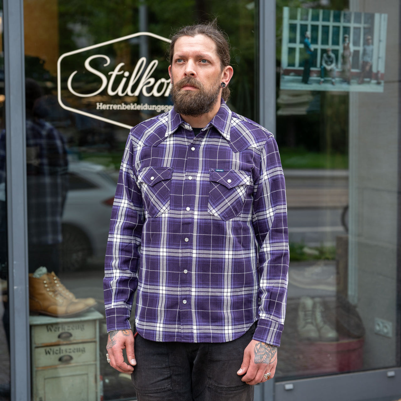 9oz Selvedge Flannel Check Western Shirt IHSH-439-PUR Purple