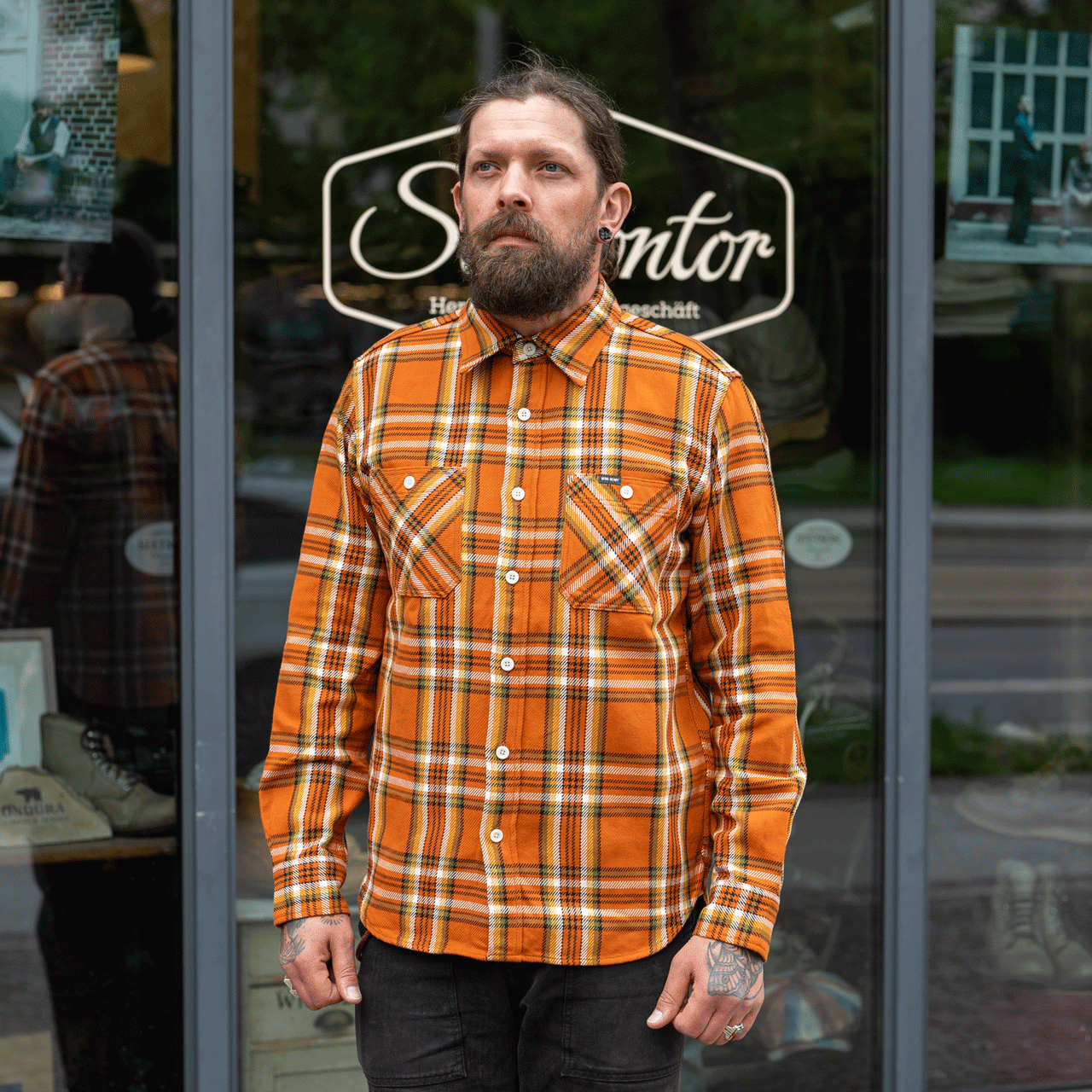 9oz Selvedge Flannel Check Work Shirt IHSH-442-ORA Orange