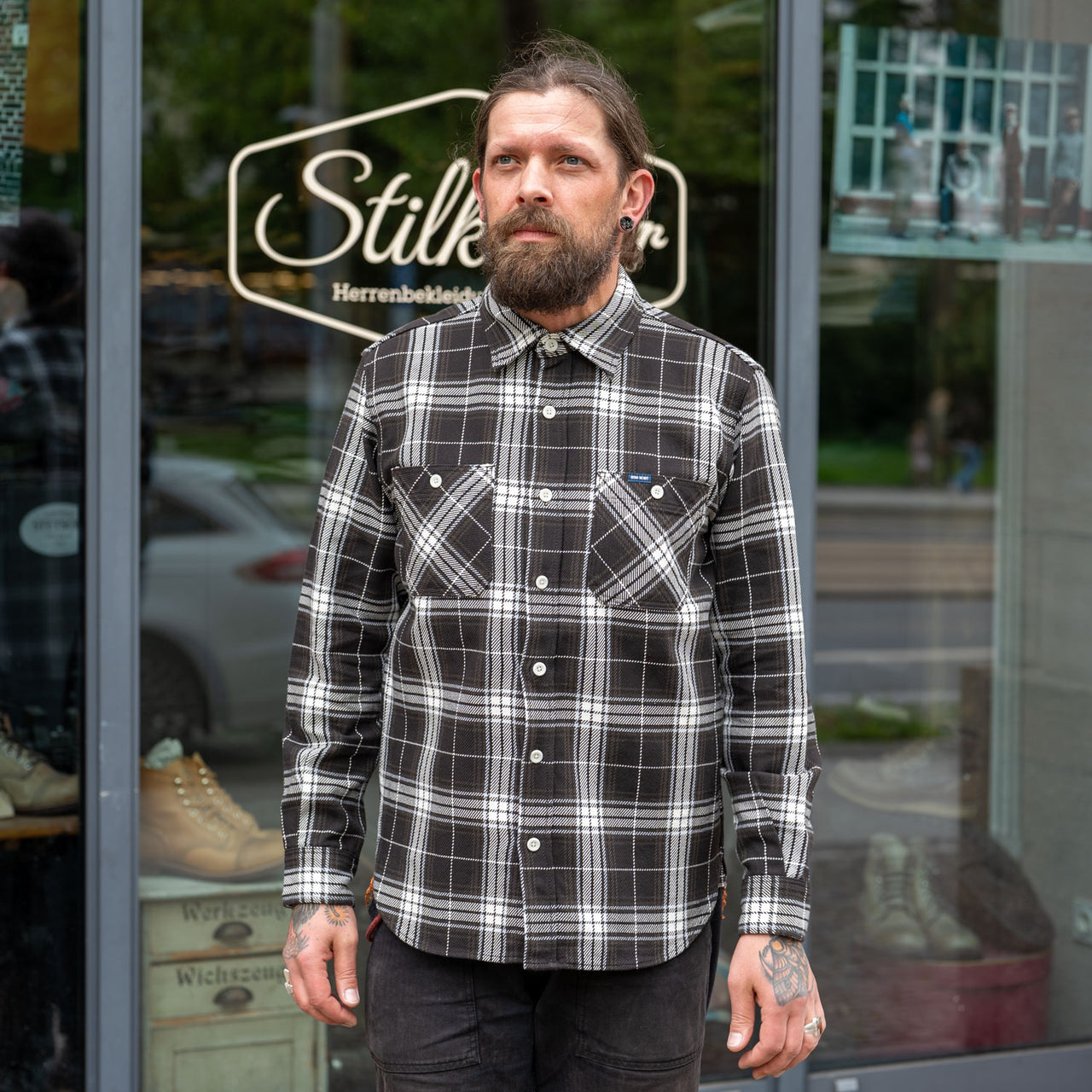 9oz Selvedge Flannel Check Work Shirt IHSH-441-BLK Black