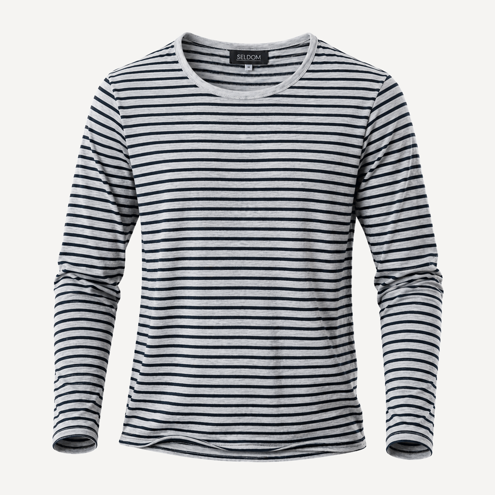 Strickpullover Rundhals Breite Ringel Grau/Navy