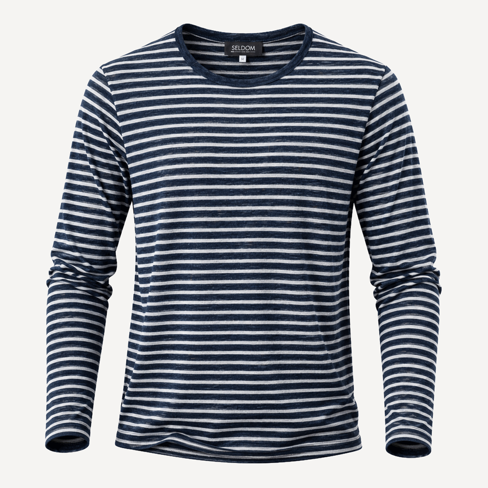 Strickpullover Rundhals Breite Ringel Navy/Grau