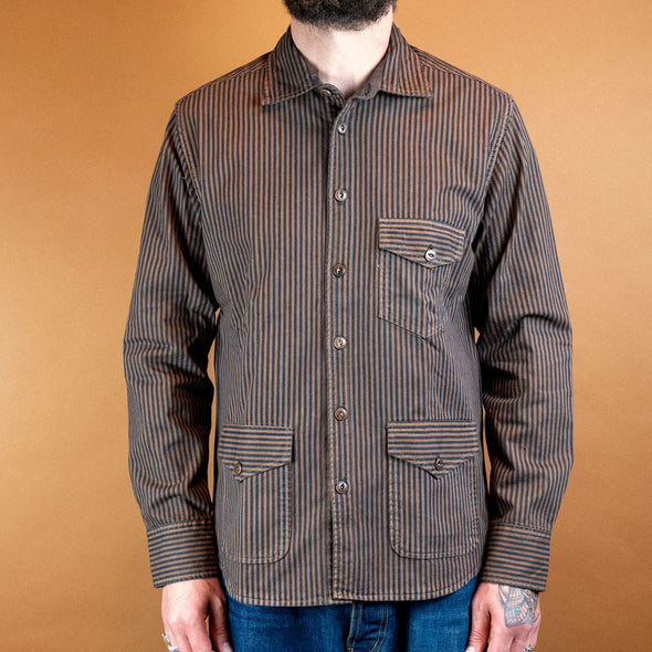 Cotton Shirt Jacket Striped Dark Brown
